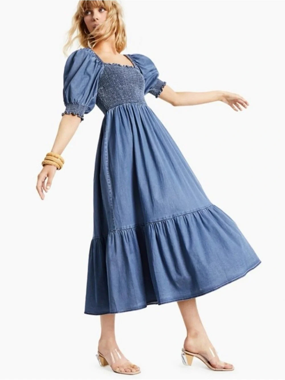 INC International Concepts Blue Smocked Midi Dress with Puff Sleeves - Picture 1 of 1